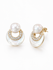 Natural White Pearl Crescent Stud Earrings, S925 Sterling Silver Gold Plated Mother of Pearl Hoop Earrings with Rhinestones, Luxury Statement Earrings for Women Wedding