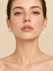Natural White Pearl Crescent Stud Earrings, S925 Sterling Silver Gold Plated Mother of Pearl Hoop Earrings with Rhinestones, Luxury Statement Earrings for Women Wedding