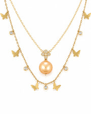 Natural South Sea Golden Pearl Double Layer Necklace ，S925 Sterling Silver Gold Plated Butterfly  ，Elegant Statement Jewelry for Women Wedding Party Gift