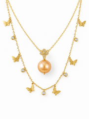 Natural South Sea Golden Pearl Double Layer Necklace ，S925 Sterling Silver Gold Plated Butterfly  ，Elegant Statement Jewelry for Women Wedding Party Gift