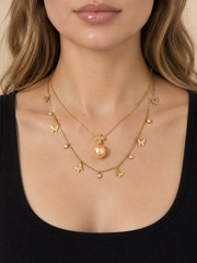 Natural South Sea Golden Pearl Double Layer Necklace ，S925 Sterling Silver Gold Plated Butterfly  ，Elegant Statement Jewelry for Women Wedding Party Gift