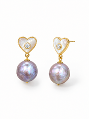Purple Pearl Heart Drop Earrings S925 Silver Gold Plated MOP & CZ Accent Elegant Freshwater Pearl Studs for Wedding & Gift .