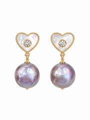 Purple Pearl Heart Drop Earrings S925 Silver Gold Plated MOP & CZ Accent Elegant Freshwater Pearl Studs for Wedding & Gift .