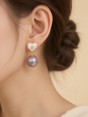 Purple Pearl Heart Drop Earrings S925 Silver Gold Plated MOP & CZ Accent Elegant Freshwater Pearl Studs for Wedding & Gift .
