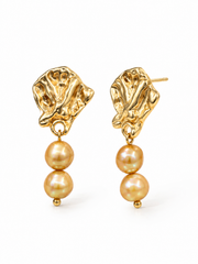 Golden Pearl Drop Earrings S925 Sterling Silver Gold Plated&nbsp; Textured Top & Double Freshwater Pearls Elegant Jewelry for Her.