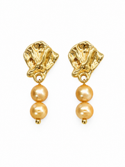 Golden Pearl Drop Earrings S925 Sterling Silver Gold Plated&nbsp; Textured Top & Double Freshwater Pearls Elegant Jewelry for Her.
