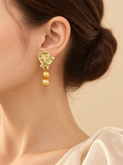 Golden Pearl Drop Earrings S925 Sterling Silver Gold Plated&nbsp; Textured Top & Double Freshwater Pearls Elegant Jewelry for Her.