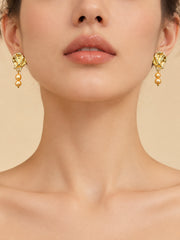 Golden Pearl Drop Earrings S925 Sterling Silver Gold Plated&nbsp; Textured Top & Double Freshwater Pearls Elegant Jewelry for Her.