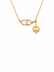 Natural South Sea Golden Pearl Necklace S925 Sterling Silver Gold Plated CD-Inspired Pendant with Cubic Zirconia Elegant Designer Style Pearl Drop Chain for Women.