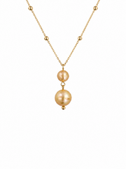 Natural South Sea Golden Pearl Necklace S925 Silver Gold Plated Double Pearl Drop Pendant &nbsp;Elegant Satellite Chain Jewelry for Wedding & Gift.