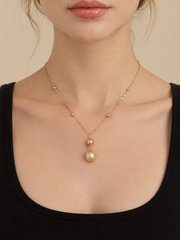 Natural South Sea Golden Pearl Necklace S925 Silver Gold Plated Double Pearl Drop Pendant &nbsp;Elegant Satellite Chain Jewelry for Wedding & Gift.