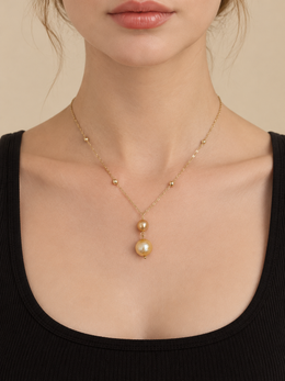 Natural South Sea Golden Pearl Necklace S925 Silver Gold Plated Double Pearl Drop Pendant &nbsp;Elegant Satellite Chain Jewelry for Wedding & Gift.