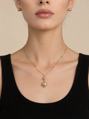 Natural South Sea Golden Pearl Necklace S925 Silver Gold Plated Double Pearl Drop Pendant &nbsp;Elegant Satellite Chain Jewelry for Wedding & Gift.