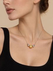 Natural South Sea Golden Pearl & Madama Grade Japanese Akoya Silver-Gray Pearl Necklace, South Sea Golden Pearl, S925 Sterling Silver Box Chain Necklace, Minimalist Pearl Jewelry Gift for Women