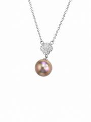 Japanese Akoya Silver-Gray Pearl  Iridescent Pearl Pendant Necklace S925 Sterling Silver Clover Rhinestone Accent Chain Elegant Luxury Jewelry Gift for Her