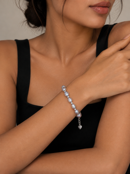 Natural Japanese Akoya Silver-Gray Pearl Freshwater Pearl Bracelet  S925 Sterling Silver Beaded Chain with Heart Tag & Lobster Clasp Elegant Adjustable Pearl Jewelry for Women