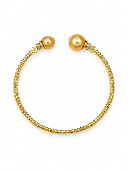 Natural South Sea Golden Pearl Open Bangle S925 Sterling Silver Gold Plated Beaded Cuff with CZ Accents Elegant Designer-Inspired Pearl Bracelet for Women.