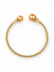 Natural South Sea Golden Pearl Open Bangle S925 Sterling Silver Gold Plated Beaded Cuff with CZ Accents Elegant Designer-Inspired Pearl Bracelet for Women.