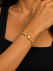 Natural South Sea Golden Pearl Open Bangle S925 Sterling Silver Gold Plated Beaded Cuff with CZ Accents Elegant Designer-Inspired Pearl Bracelet for Women.