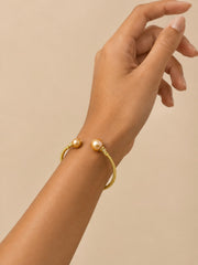 Natural South Sea Golden Pearl Open Bangle S925 Sterling Silver Gold Plated Beaded Cuff with CZ Accents Elegant Designer-Inspired Pearl Bracelet for Women.