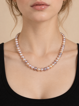 7-8mm Multi Color Freshwater Pearl Strand Necklace, Pastel Pink Lavender Peach Pearl Choker Necklace for Women, Genuine Natural Pearl Single Strand Necklace, Elegant Wedding Bridal Pearl Necklace Gift for Her