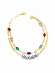 Natural Japanese Madama Gray Pearl Double Layer Bracelet ，S925 Sterling Silver Gold Plated Multi Color CZ Station Chain ， Freshwater Pearl Layered Wrist Jewelry Gift for Women