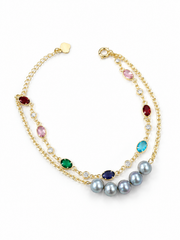 Natural Japanese Madama Gray Pearl Double Layer Bracelet ，S925 Sterling Silver Gold Plated Multi Color CZ Station Chain ， Freshwater Pearl Layered Wrist Jewelry Gift for Women