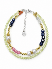 Double Strand Beaded Bracelet – Natural South Sea Gray Japanese Akoya Silver-Gray PearlPearls & Multicolor Gemstones with Gold Beads, S925 Sterling Silver Heart Charm Adjustable Layered Stack Jewelry