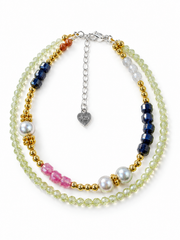 Double Strand Beaded Bracelet – Natural South Sea Gray Japanese Akoya Silver-Gray PearlPearls & Multicolor Gemstones with Gold Beads, S925 Sterling Silver Heart Charm Adjustable Layered Stack Jewelry