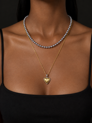 Layered Two-Tone Heart Necklace –  Natural South Sea  Japanese Akoya Silver-Gray Pearl Pearls & Gold Chain, S925 Sterling Silver Toggle Clasp Double Strand Statement Jewelry