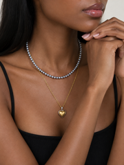 Layered Two-Tone Heart Necklace –  Natural South Sea  Japanese Akoya Silver-Gray Pearl Pearls & Gold Chain, S925 Sterling Silver Toggle Clasp Double Strand Statement Jewelry