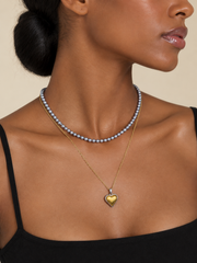 Layered Two-Tone Heart Necklace –  Natural South Sea  Japanese Akoya Silver-Gray Pearl Pearls & Gold Chain, S925 Sterling Silver Toggle Clasp Double Strand Statement Jewelry