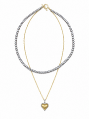 Layered Two-Tone Heart Necklace –  Natural South Sea  Japanese Akoya Silver-Gray Pearl Pearls & Gold Chain, S925 Sterling Silver Toggle Clasp Double Strand Statement Jewelry