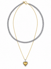 Layered Two-Tone Heart Necklace –  Natural South Sea  Japanese Akoya Silver-Gray Pearl Pearls & Gold Chain, S925 Sterling Silver Toggle Clasp Double Strand Statement Jewelry