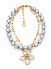 Double Strand Flower Bracelet&nbsp; Natural South Sea GrayJapanese Akoya Silver-Gray Pearl&nbsp; Pearls & Gold Paperclip Chain with CZ Floral Pendant, S925 Sterling Silver Gold Plated Adjustable Layered Jewelry.