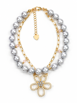 Double Strand Flower Bracelet&nbsp; Natural South Sea GrayJapanese Akoya Silver-Gray Pearl&nbsp; Pearls & Gold Paperclip Chain with CZ Floral Pendant, S925 Sterling Silver Gold Plated Adjustable Layered Jewelry.