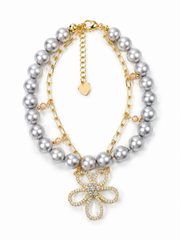 Double Strand Flower Bracelet&nbsp; Natural South Sea GrayJapanese Akoya Silver-Gray Pearl&nbsp; Pearls & Gold Paperclip Chain with CZ Floral Pendant, S925 Sterling Silver Gold Plated Adjustable Layered Jewelry.