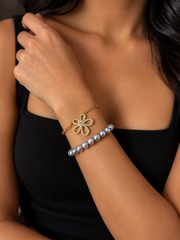 Double Strand Flower Bracelet&nbsp; Natural South Sea GrayJapanese Akoya Silver-Gray Pearl&nbsp; Pearls & Gold Paperclip Chain with CZ Floral Pendant, S925 Sterling Silver Gold Plated Adjustable Layered Jewelry.