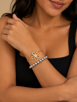 Double Strand Flower Bracelet&nbsp; Natural South Sea GrayJapanese Akoya Silver-Gray Pearl&nbsp; Pearls & Gold Paperclip Chain with CZ Floral Pendant, S925 Sterling Silver Gold Plated Adjustable Layered Jewelry.