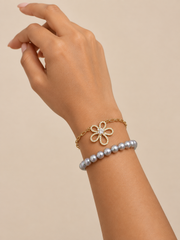 Double Strand Flower Bracelet&nbsp; Natural South Sea GrayJapanese Akoya Silver-Gray Pearl&nbsp; Pearls & Gold Paperclip Chain with CZ Floral Pendant, S925 Sterling Silver Gold Plated Adjustable Layered Jewelry.