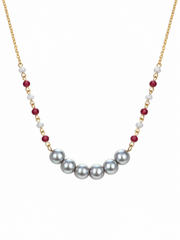 Madama Grade  Japanese Akoya Silver-Gray Six Pearl Necklace, Gold Plated S925 Silver Chain with Red & White Decor Beads for Women