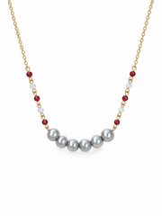 Madama Grade  Japanese Akoya Silver-Gray Six Pearl Necklace, Gold Plated S925 Silver Chain with Red & White Decor Beads for Women