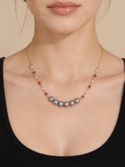 Madama Grade  Japanese Akoya Silver-Gray Six Pearl Necklace, Gold Plated S925 Silver Chain with Red & White Decor Beads for Women