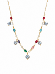 Madama Grade 6mm+ Japanese Akoya Silver-Gray Pearl Station Necklace, Gold Plated S925 Silver with Multi Color Gemstone Drops for Women