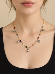 Madama Grade 6mm+ Japanese Akoya Silver-Gray Pearl Station Necklace, Gold Plated S925 Silver with Multi Color Gemstone Drops for Women