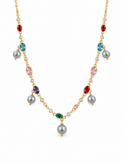 Madama Grade 6mm+ Japanese Akoya Silver-Gray Pearl Station Necklace, Gold Plated S925 Silver with Multi Color Gemstone Drops for Women