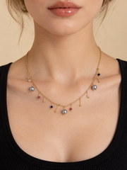 Grey Pearl Necklace Women, Madama  Pearls Multicolor Ruby Blue White Gemstone Gold Plated Sterling Silver Clavicle Chain Gift