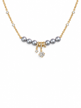 Crown Bow Necklace  Natural South Sea Gray Japanese Akoya Silver-Gray PearlPearls & Cubic Zirconia Station Chain, S925 Sterling Silver Gold Plated Dainty Statement Collar Jewelry