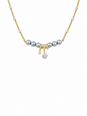Crown Bow Necklace  Natural South Sea Gray Japanese Akoya Silver-Gray PearlPearls & Cubic Zirconia Station Chain, S925 Sterling Silver Gold Plated Dainty Statement Collar Jewelry