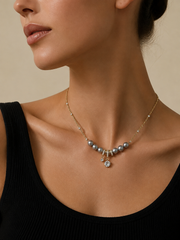 Crown Bow Necklace  Natural South Sea Gray Japanese Akoya Silver-Gray PearlPearls & Cubic Zirconia Station Chain, S925 Sterling Silver Gold Plated Dainty Statement Collar Jewelry
